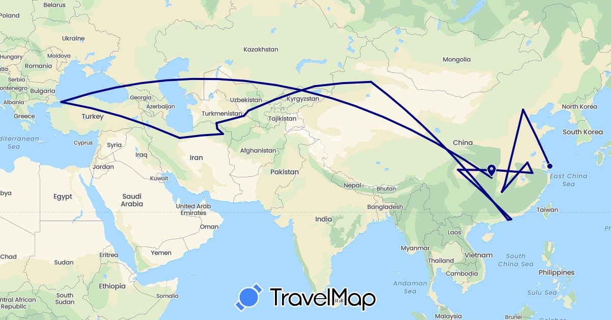 TravelMap itinerary: driving in China, Iran, Kazakhstan, Turkmenistan, Turkey, Uzbekistan (Asia)